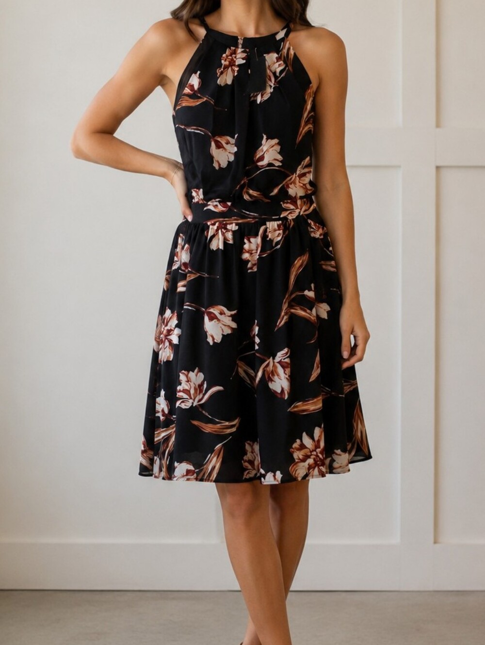 NWT Falling Flowers Black Floral Halter Midi Dress | Keyhole Neck | Size Medium